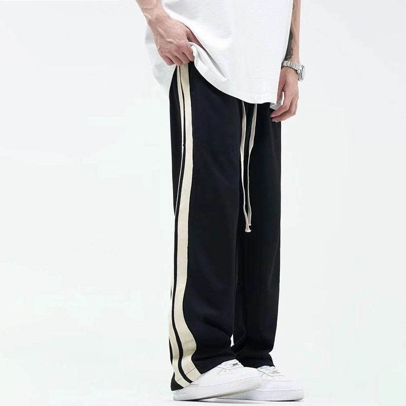 Striped Color-Matching Side Drawstring Wide-Leg Pants