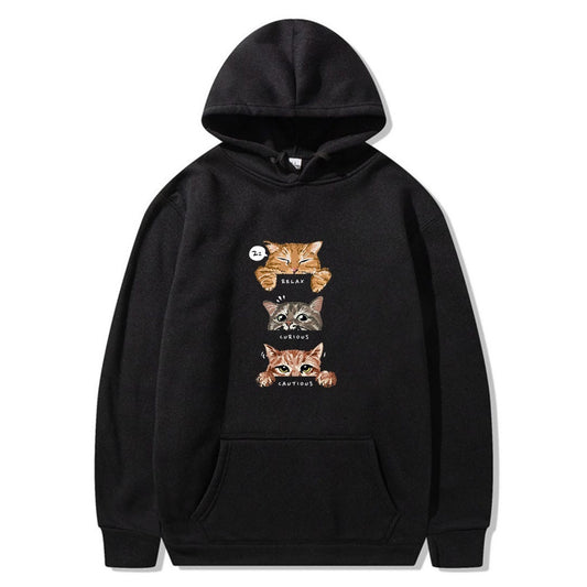 Cozy Cat Print Hooded Pullover Sweatshirt