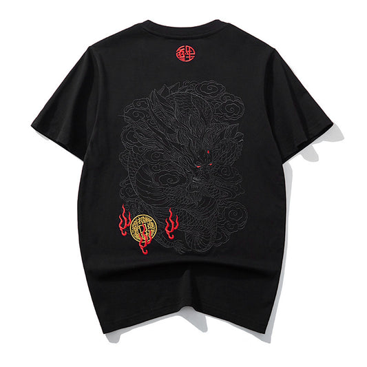 Embroidered Dragon Round Neck Cotton Top